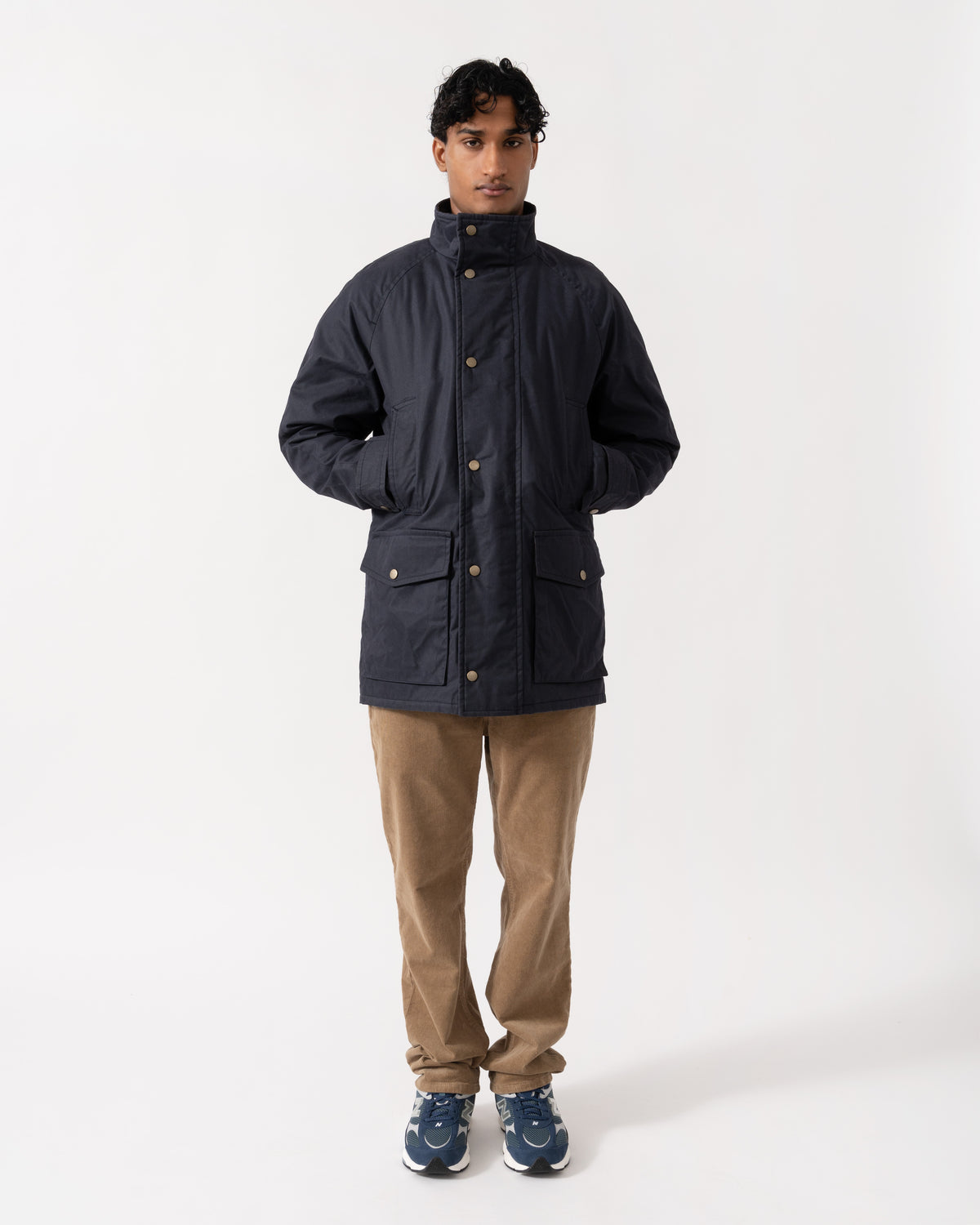 Model wearing the full GANT Mens Waxed Double Decker Coat - 433 Evening Blue