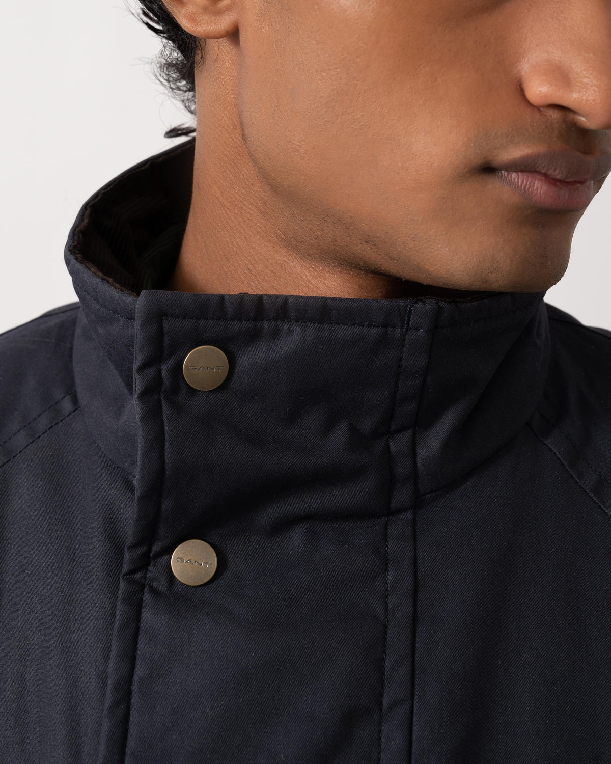 Stand up collar detail on the GANT Mens Waxed Double Decker Coat - 433 Evening Blue