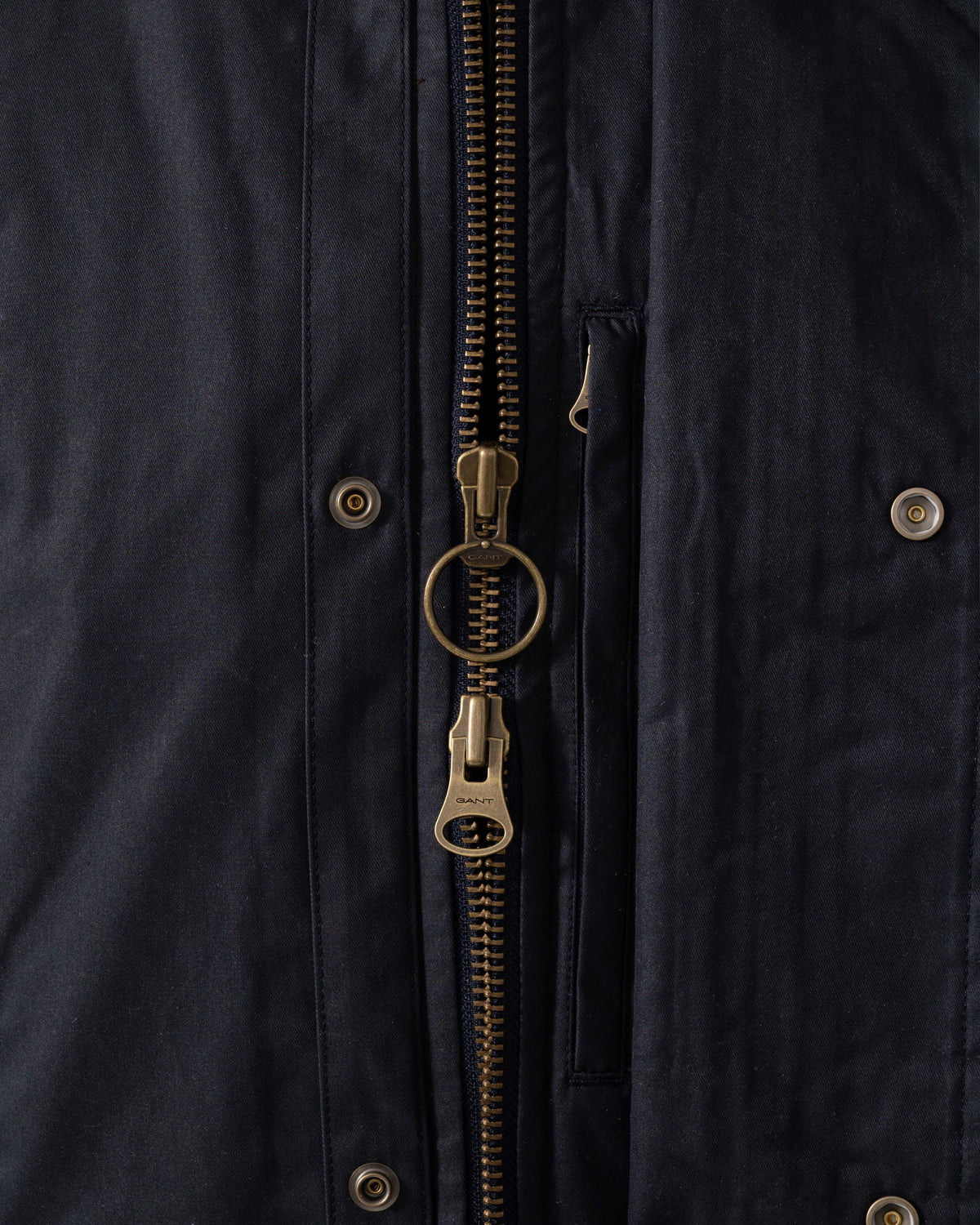 Double zip on the GANT Mens Waxed Double Decker Coat - 433 Evening Blue