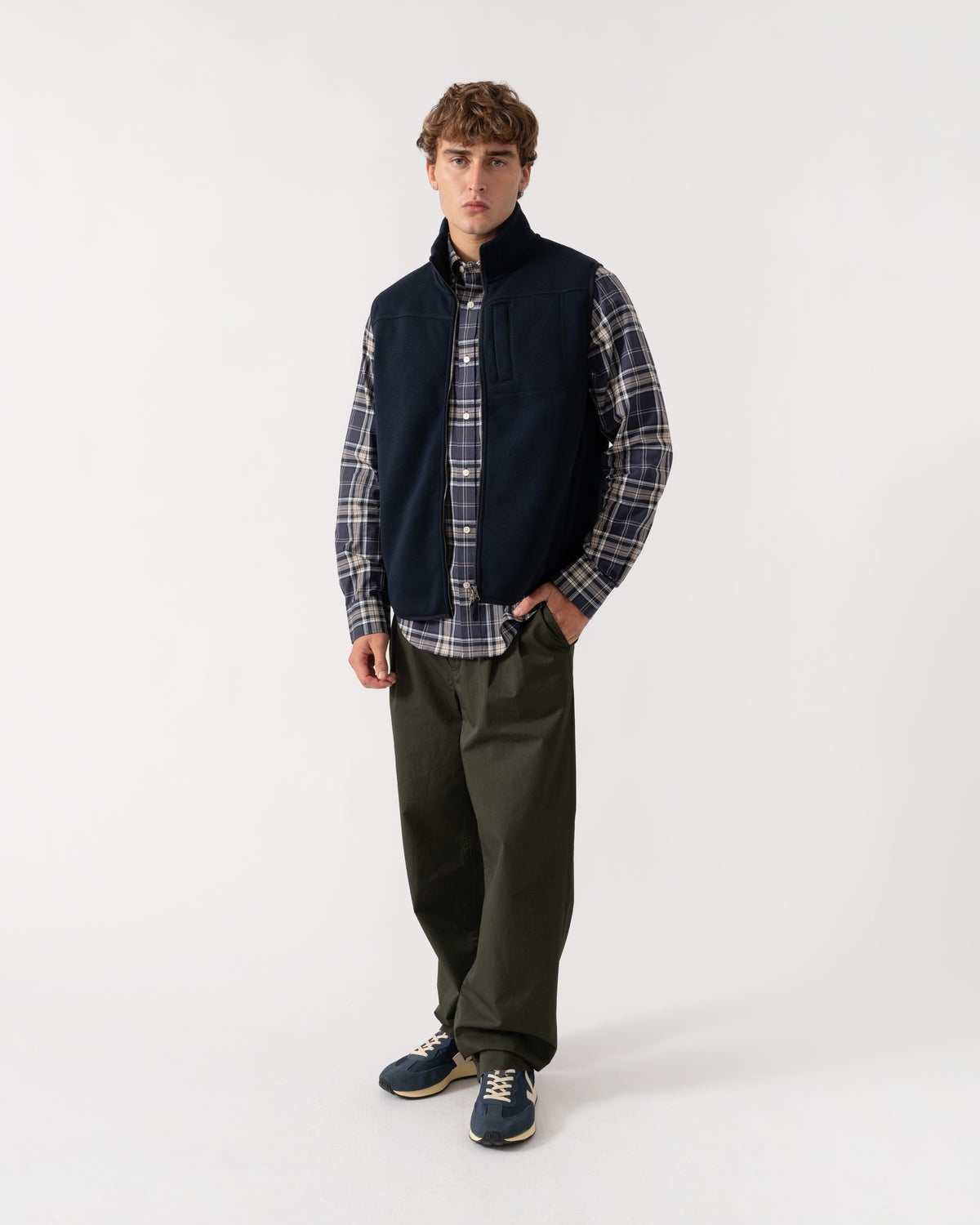 Outfit shot of GANT Mens Zipped Fleece Vest - 433 Evening Blue