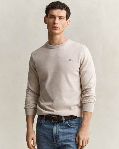 GANT Mens Classic Cotton Shield Logo Crew Neck Jumper - 215 Clay Beige | CHO | Designer Mens Crew Neck Jumpers