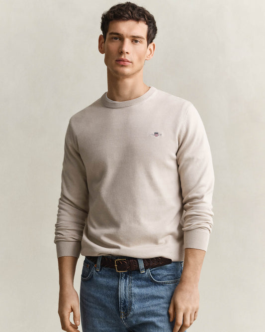 GANT Mens Classic Cotton Shield Logo Crew Neck Jumper - 215 Clay Beige | CHO | Designer Mens Crew Neck Jumpers