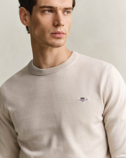GANT Mens Classic Cotton Shield Logo Crew Neck Jumper - 215 Clay Beige | CHO | Designer Mens Crew Neck Jumpers