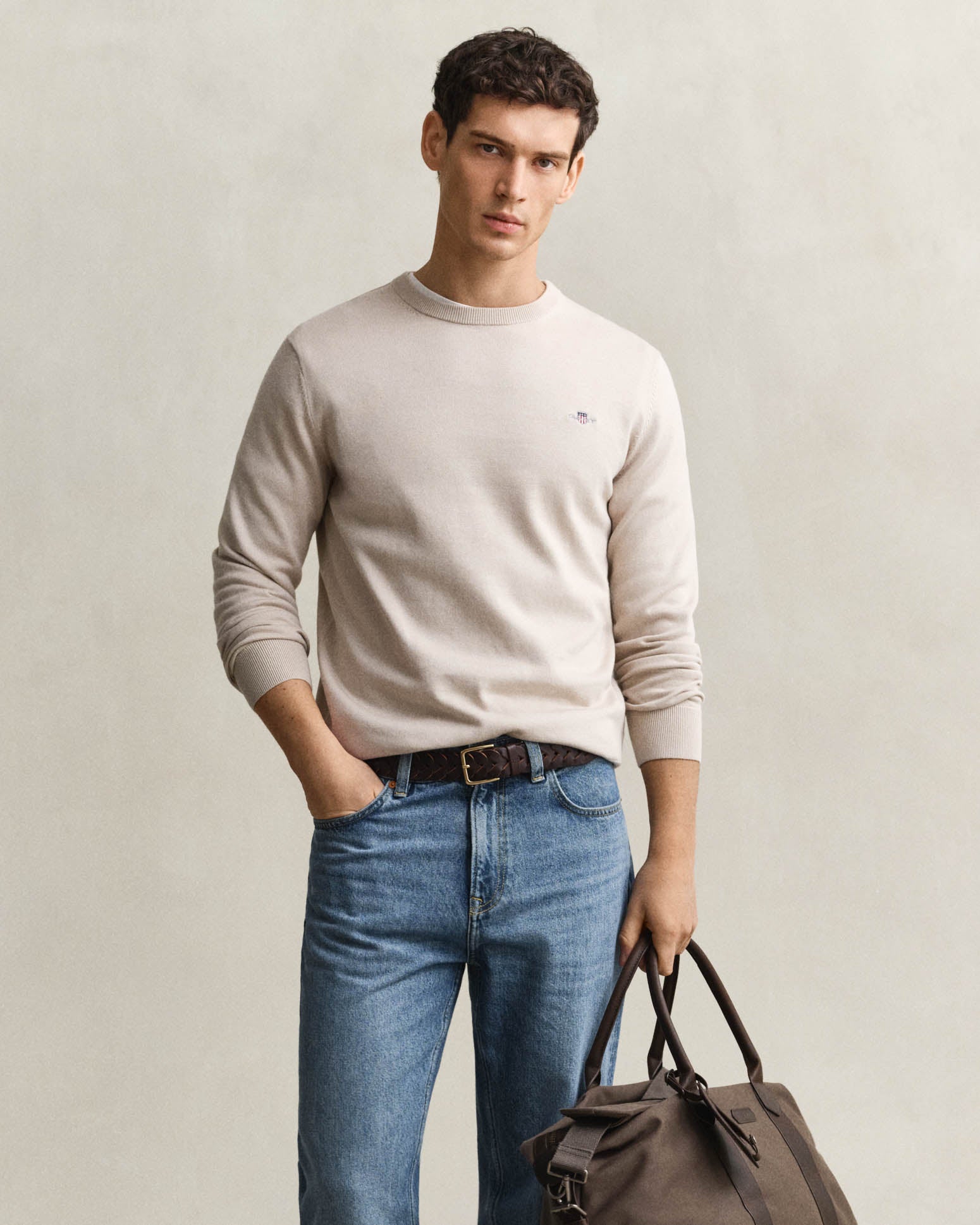 GANT Mens Classic Cotton Shield Logo Crew Neck Jumper - 215 Clay Beige | CHO | Designer Mens Crew Neck Jumpers