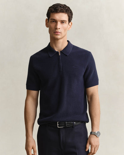 GANT Mens Cotton Rib Half Zip Polo Shirt - 433 Evening Blue | CHO | Designer Mens Short Sleeve Polo Shirts