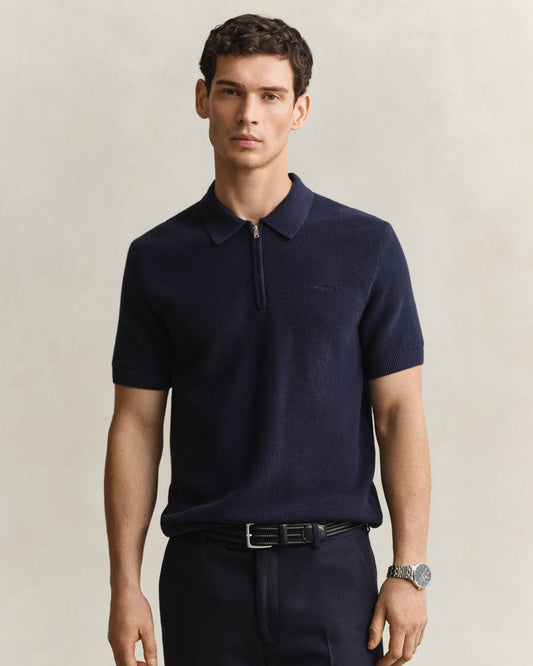GANT Mens Cotton Rib Half Zip Polo Shirt - 433 Evening Blue | CHO | Designer Mens Short Sleeve Polo Shirts