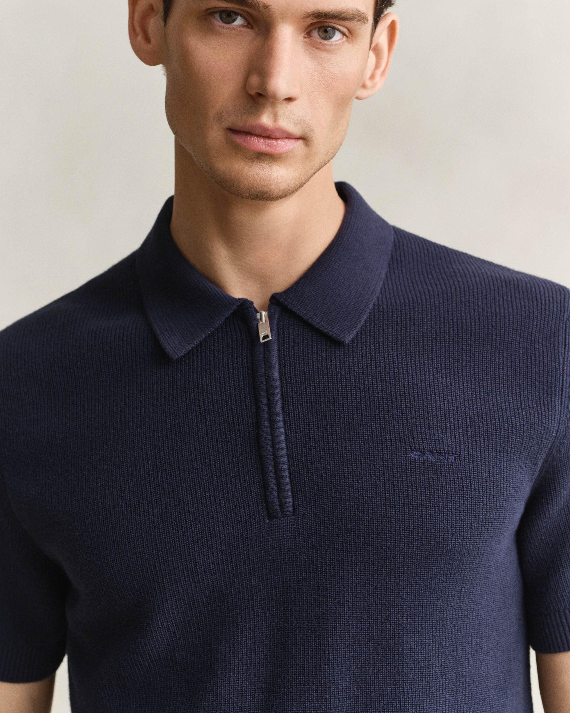 GANT Mens Cotton Rib Half Zip Polo Shirt - 433 Evening Blue | CHO | Designer Mens Short Sleeve Polo Shirts