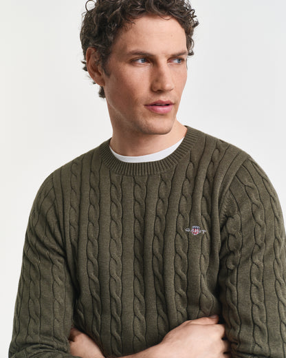 GANT Mens Cotton Cable Knit Crew Neck Jumper - 384 Khaki Green Mel