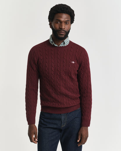 GANT Mens Cotton Cable Knit Crew Neck Jumper - 677 Bordeaux Melange
