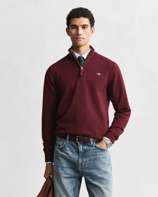 GANT Mens Superfine Lambswool Half Zip Cardigan - 677 Bordeaux Melange