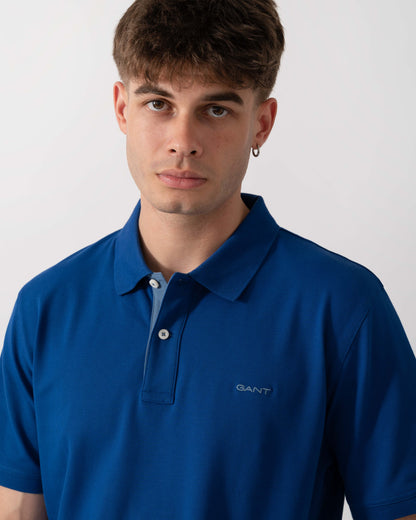 GANT Regular Fit Short Sleeve Contrast Pique Rugger - 435 Crisp Blue logo detail