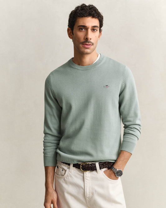 GANT Mens Classic Cotton Crew Neck Jumper - 10 Ceramic Grey