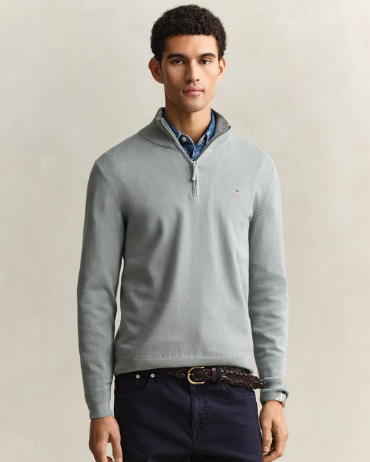 GANT Mens Classic Cotton Half Zip Jumper - 10 Ceramic Grey