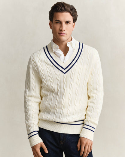GANT Mens Cotton Cable V-Neck Jumper - 130 Cream