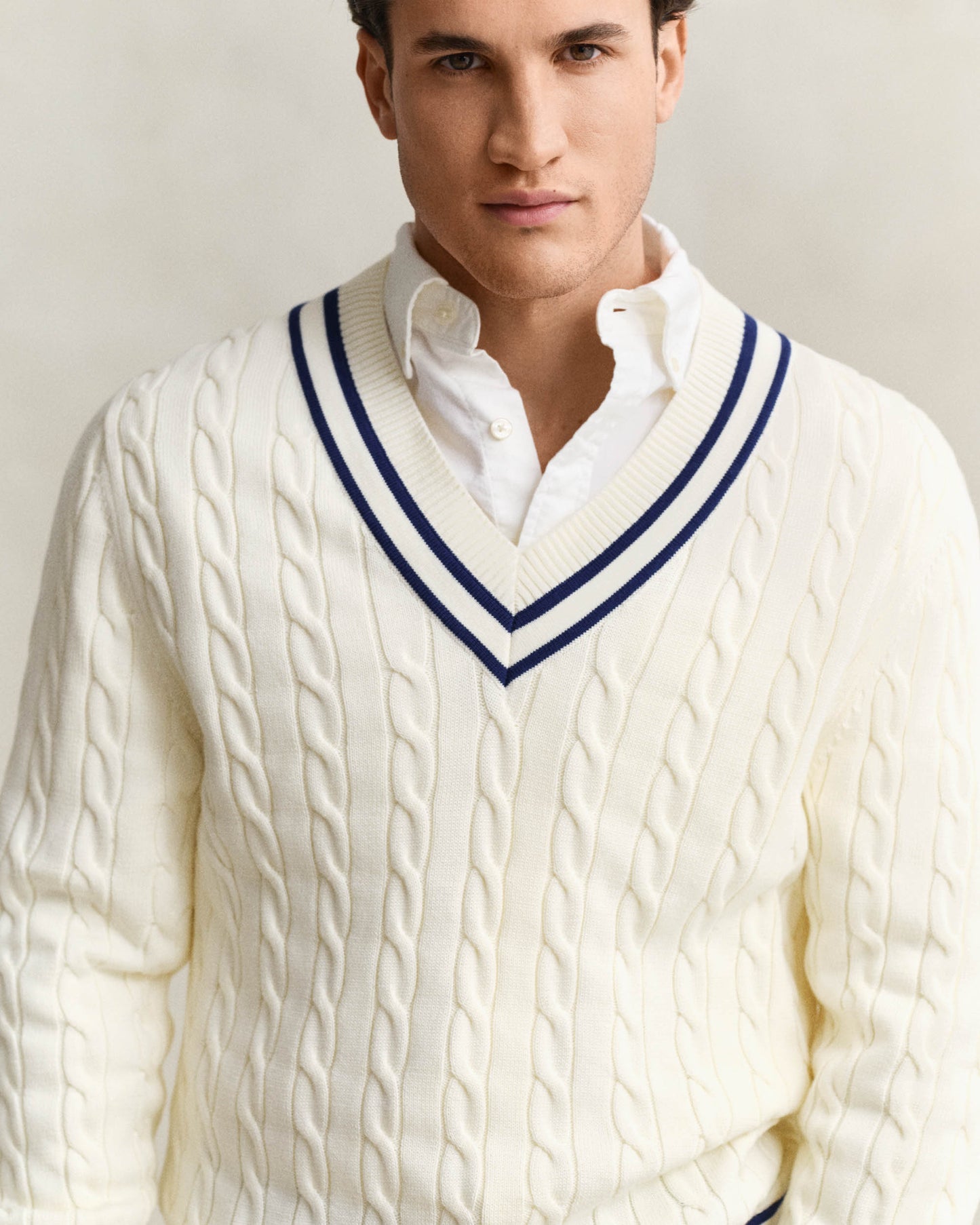 GANT Mens Cotton Cable V-Neck Jumper - 130 Cream