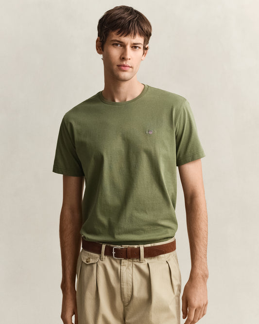 GANT Mens Regular Fit Short Sleeve Shield Logo T-Shirt - 379 Dry Herb Green