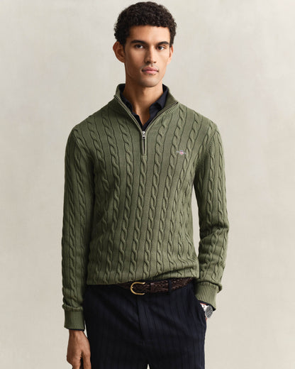 GANT Mens Cotton Cable Half Zip Jumper - 379 Dry Herb Green