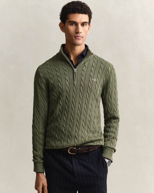 GANT Mens Cotton Cable Half Zip Jumper - 379 Dry Herb Green