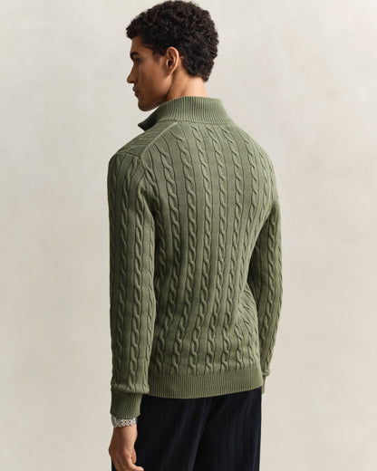 GANT Mens Cotton Cable Half Zip Jumper - 379 Dry Herb Green