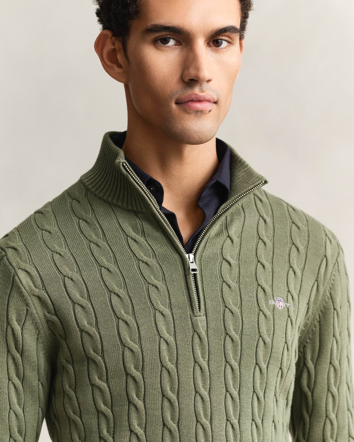 GANT Mens Cotton Cable Half Zip Jumper - 379 Dry Herb Green
