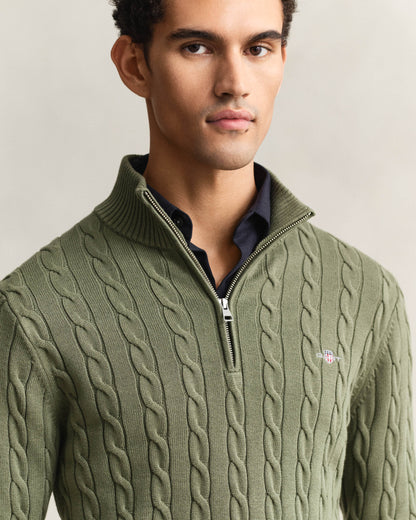 GANT Mens Cotton Cable Half Zip Jumper - 379 Dry Herb Green