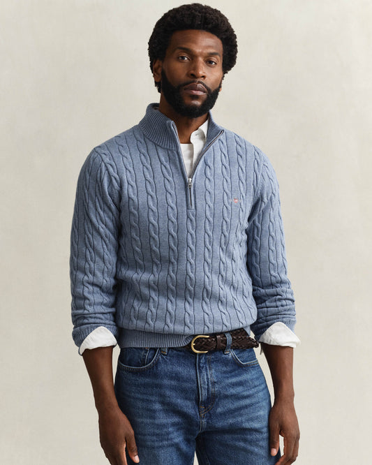 GANT Mens Cotton Cable Half Zip Jumper - 430 Faded Denim