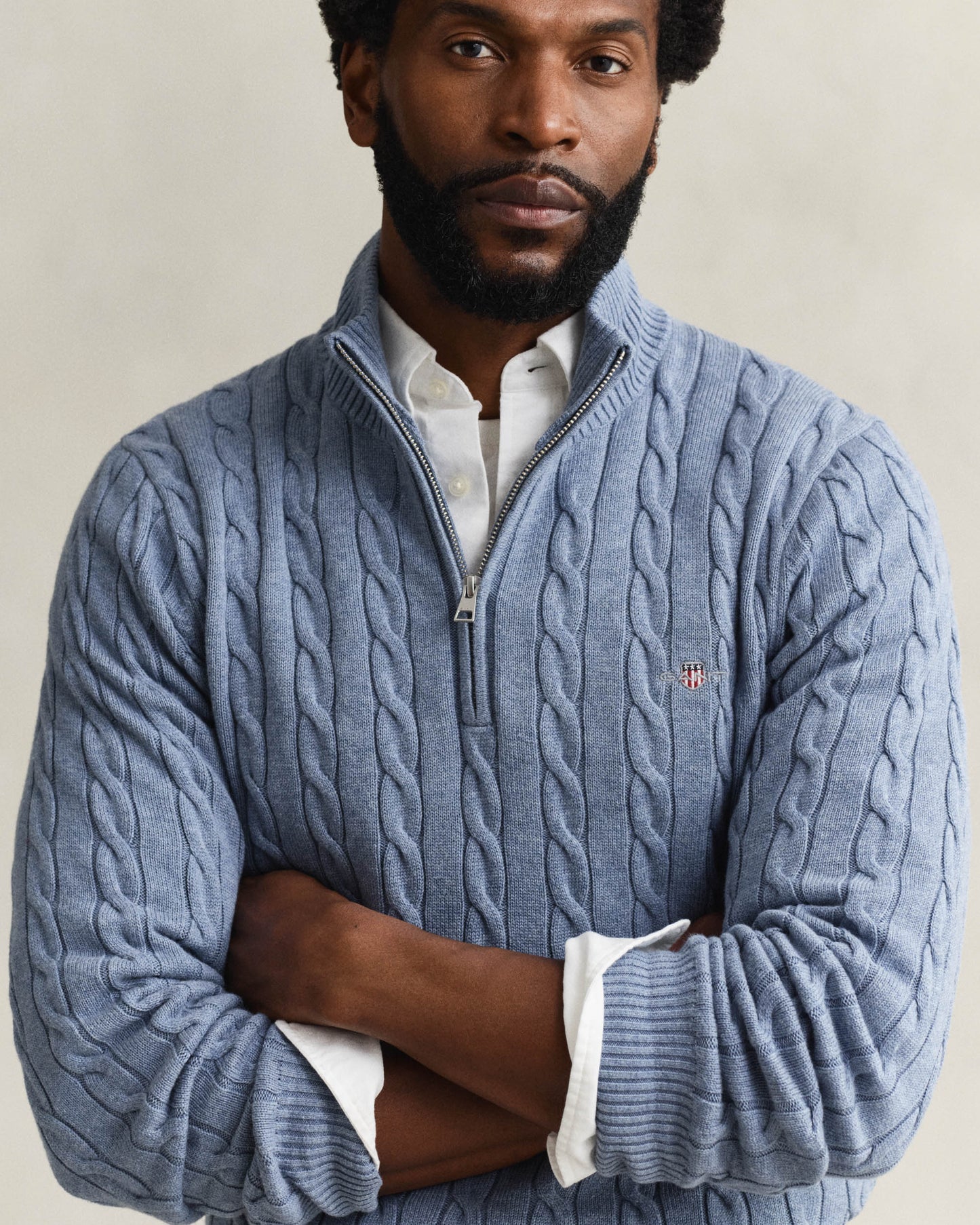 GANT Mens Cotton Cable Half Zip Jumper - 430 Faded Denim