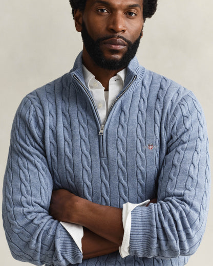 GANT Mens Cotton Cable Half Zip Jumper - 430 Faded Denim