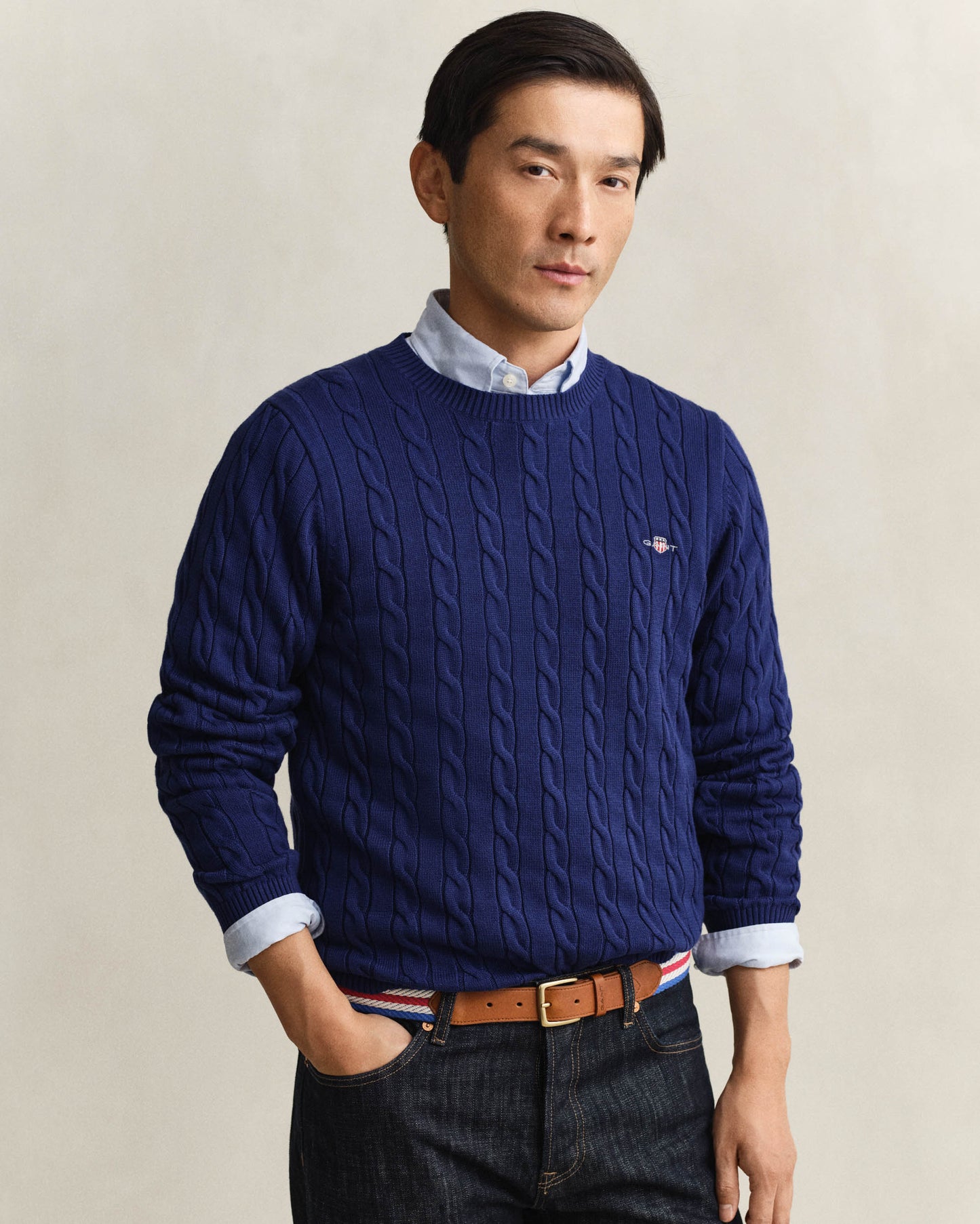 GANT Mens Cotton Cable Knit Crew Neck Jumper - 432 Rich Navy