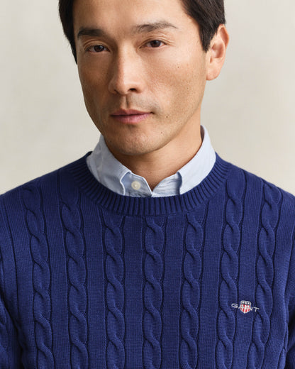 GANT Mens Cotton Cable Knit Crew Neck Jumper - 432 Rich Navy