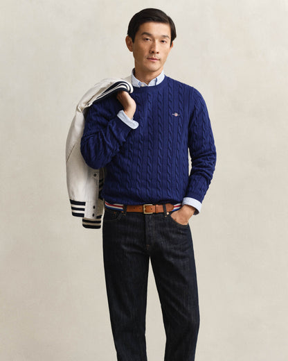 GANT Mens Cotton Cable Knit Crew Neck Jumper - 432 Rich Navy