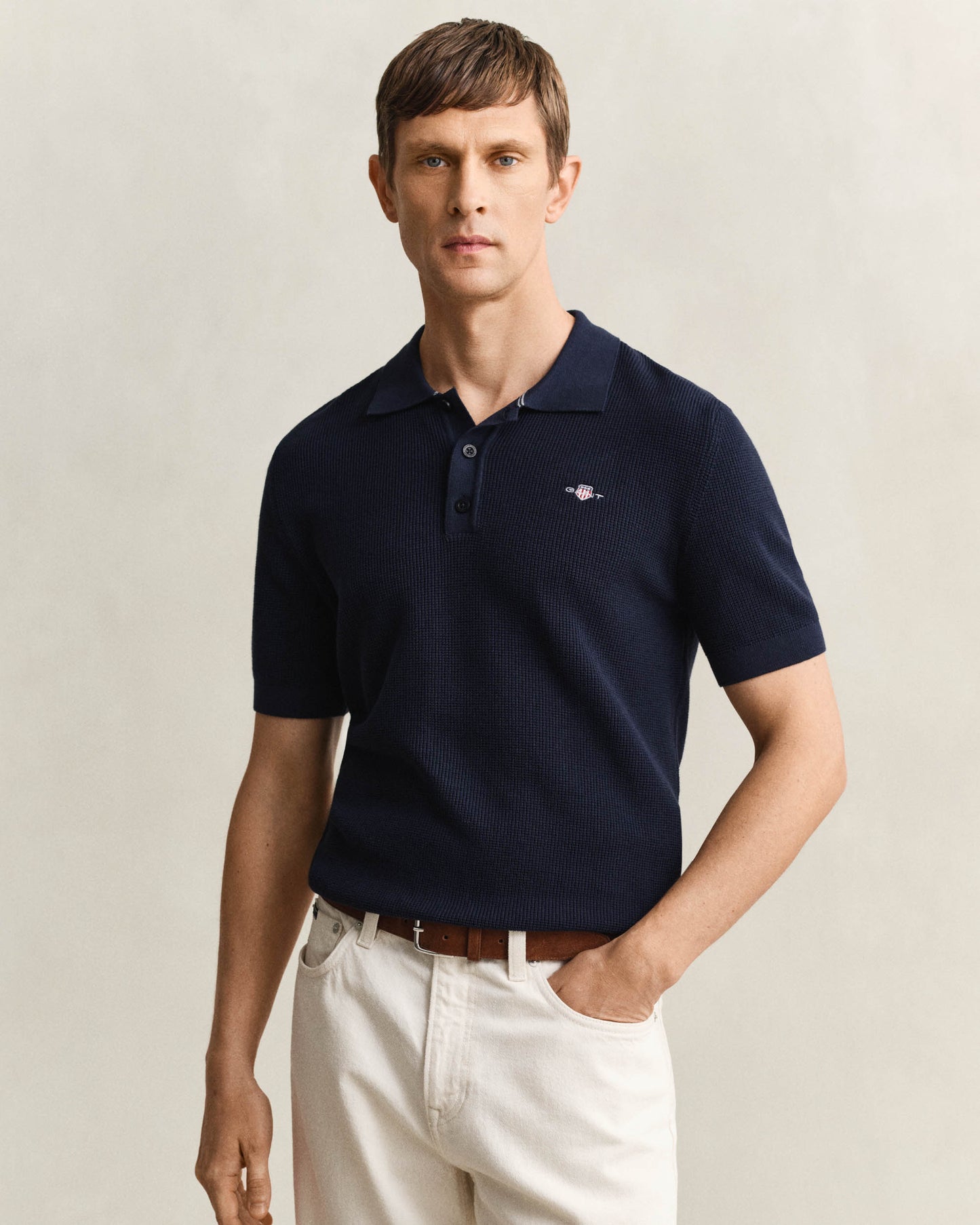 GANT Mens Micro Textured Cotton Short Sleeve Polo - 433 Evening Blue