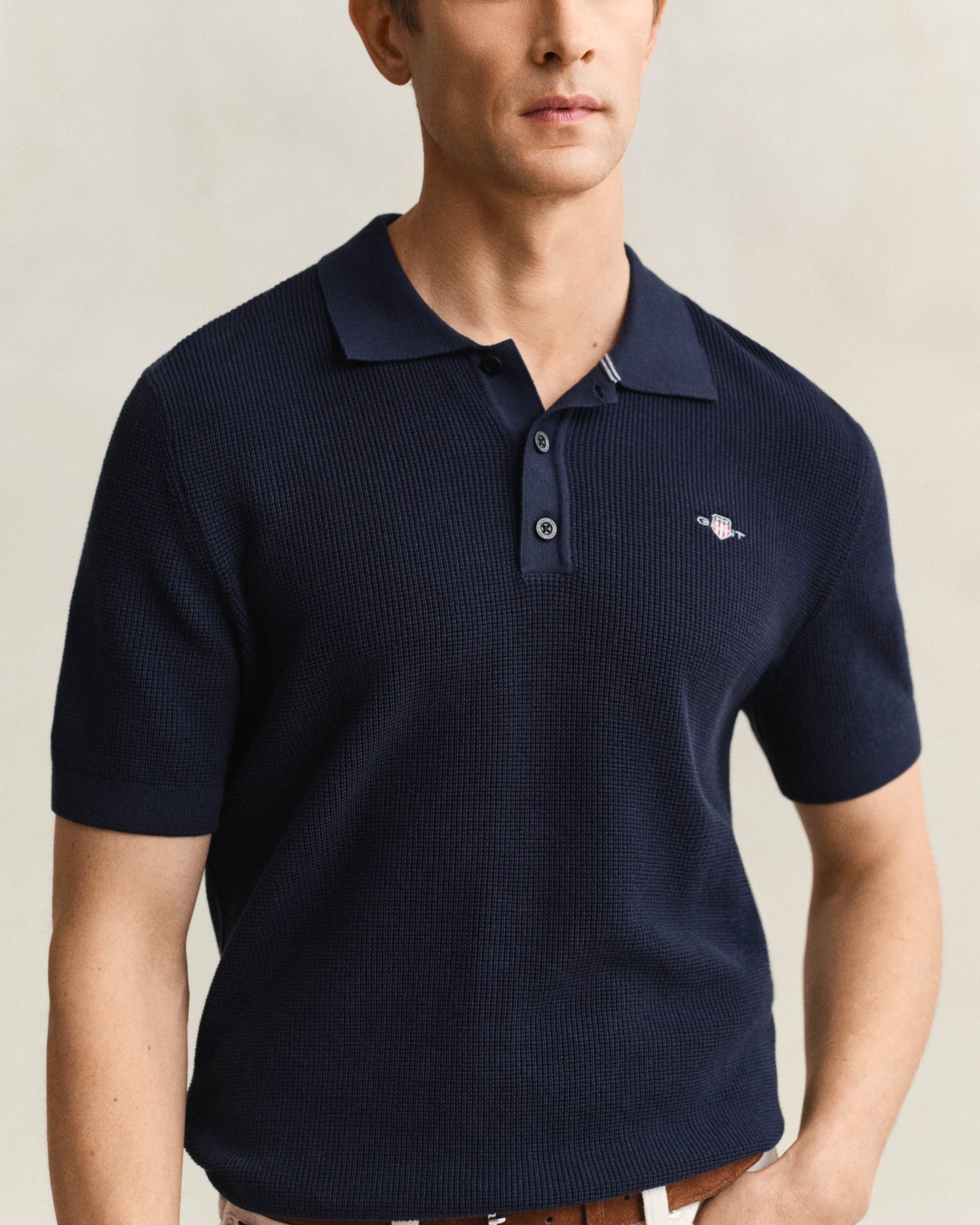 GANT Mens Micro Textured Cotton Short Sleeve Polo - 433 Evening Blue