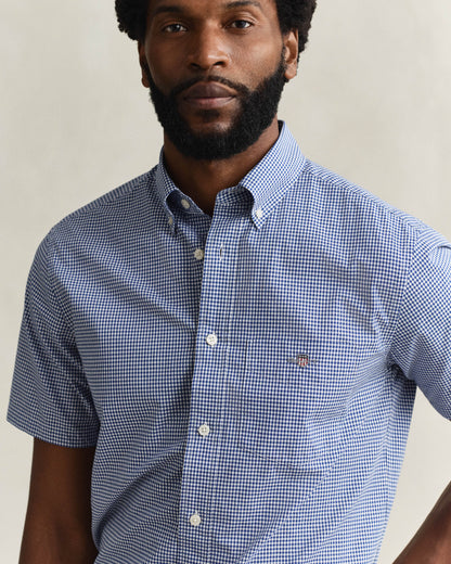 GANT Mens Regular Fit Classic Poplin Gingham Short Sleeve Shirt - 436 College Blue
