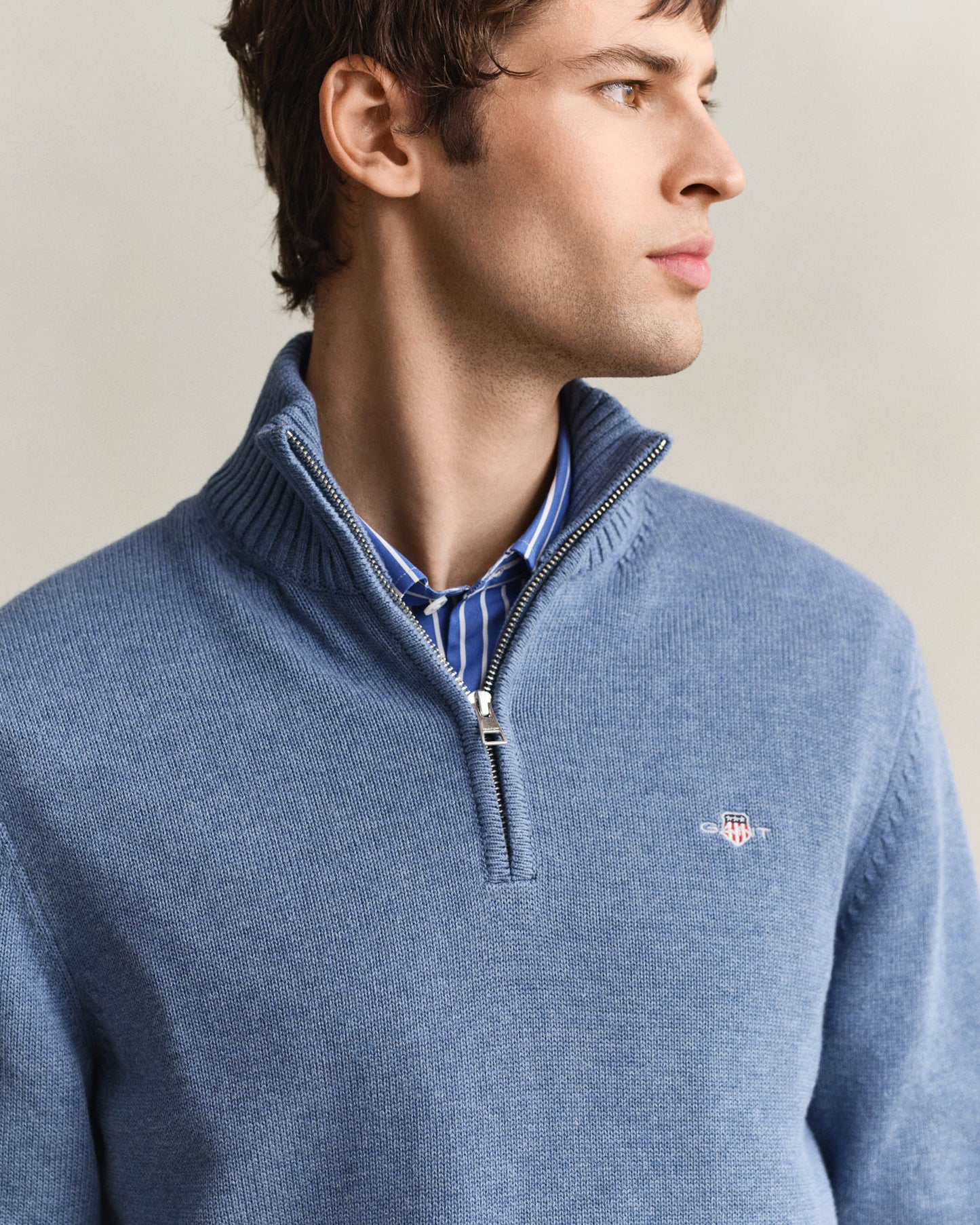 GANT Mens Casual Cotton Half Zip Jumper - 906 Denim Blue Melange