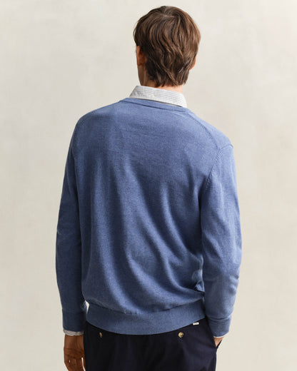 GANT Mens Classic Cotton V-Neck Jumper - 906 Denim Blue Melange
