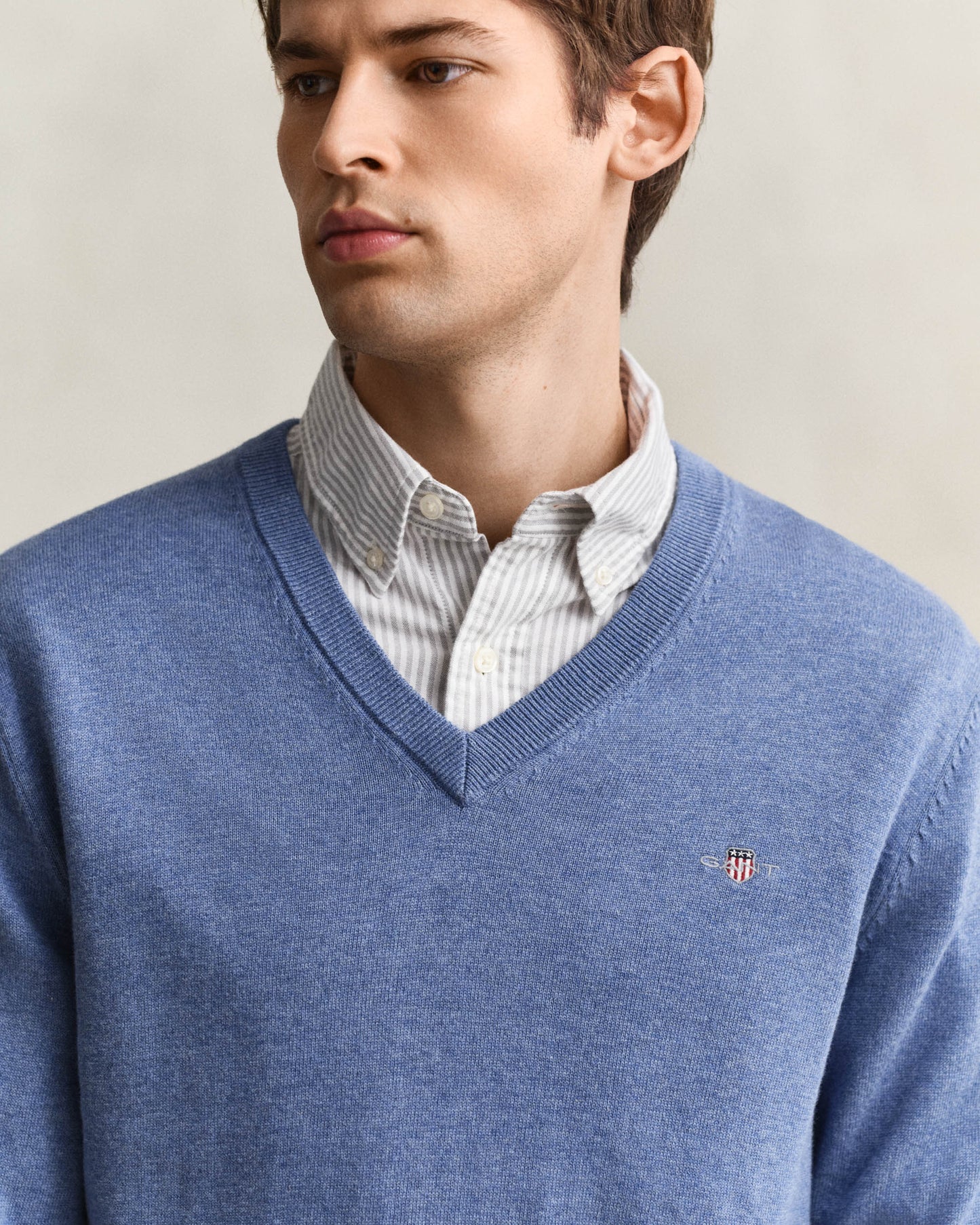 GANT Mens Classic Cotton V-Neck Jumper - 906 Denim Blue Melange