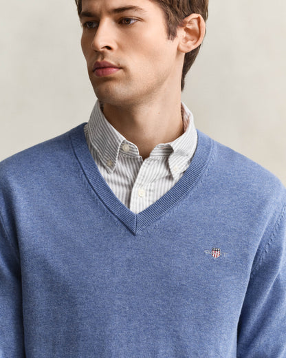 GANT Mens Classic Cotton V-Neck Jumper - 906 Denim Blue Melange