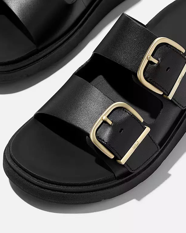 FitFlop Womens GEN-FF Buckle Two-Bar Leather Slides - Black 001 | CHO | Designer Womens Sandals