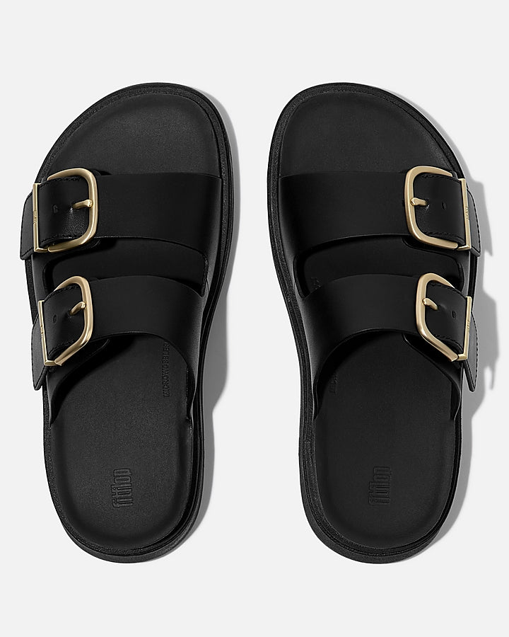 FitFlop Womens GEN-FF Buckle Two-Bar Leather Slides - Black 001 | CHO | Designer Womens Sandals
