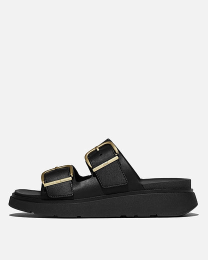 FitFlop Womens GEN-FF Buckle Two-Bar Leather Slides - Black 001 | CHO | Designer Womens Sandals