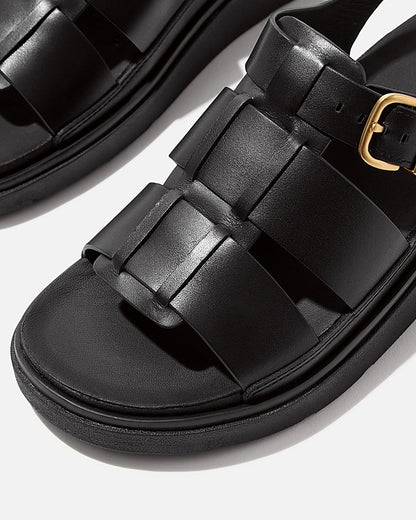 FitFlop Womens Gen-FF Leather Fisherman Sandals - All Black 090 | CHO | Designer Womens Sandals