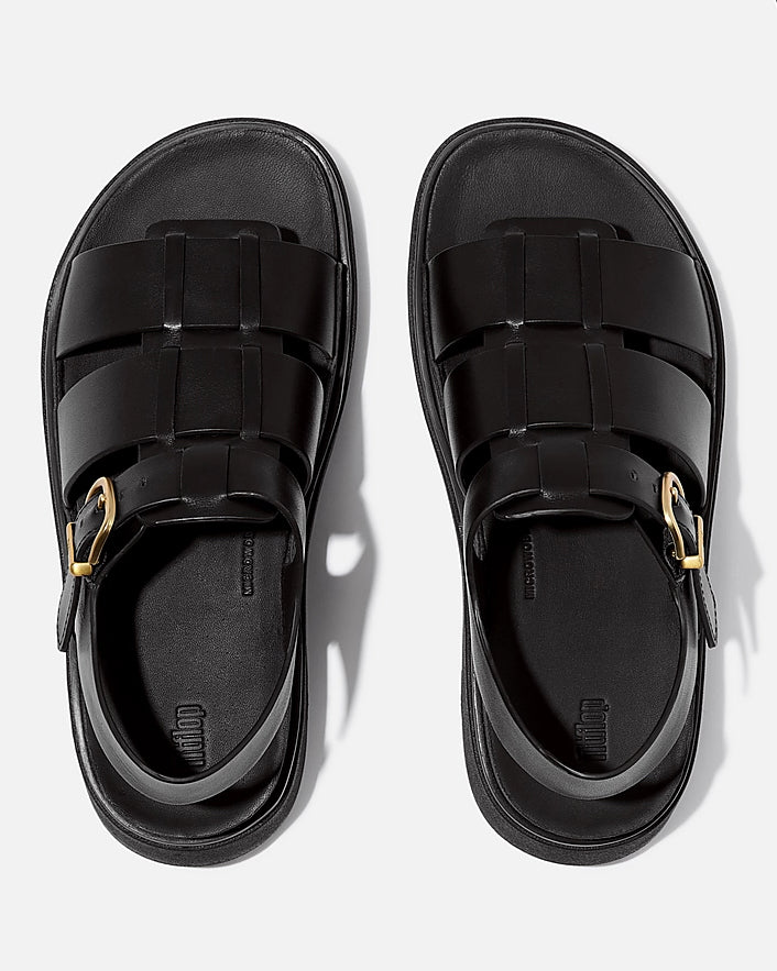 FitFlop Womens Gen-FF Leather Fisherman Sandals - All Black 090 | CHO | Designer Womens Sandals
