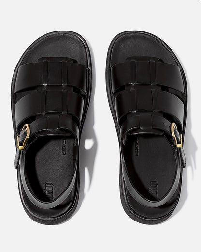 FitFlop Womens Gen-FF Leather Fisherman Sandals - All Black 090 | CHO | Designer Womens Sandals