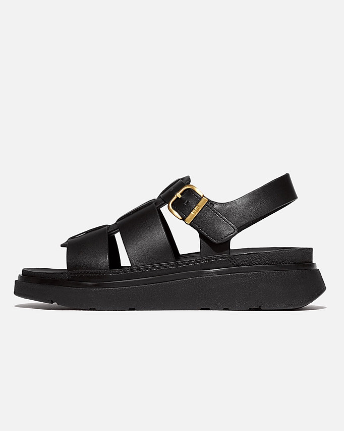 FitFlop Womens Gen-FF Leather Fisherman Sandals - All Black 090 | CHO | Designer Womens Sandals