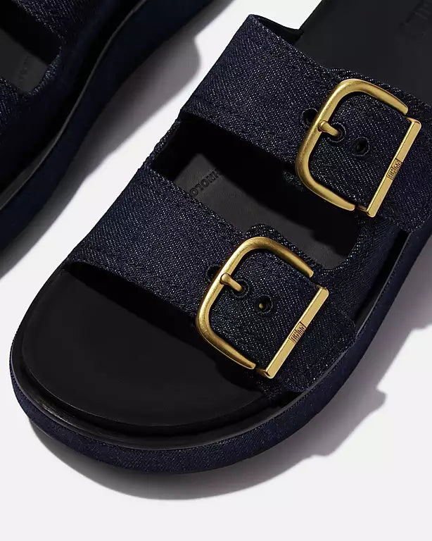 FitFlop Womens GEN-FF Max Buckle Two-Bar Denim Slides - Dark Denim D71 | CHO | Designer Womens Sandals