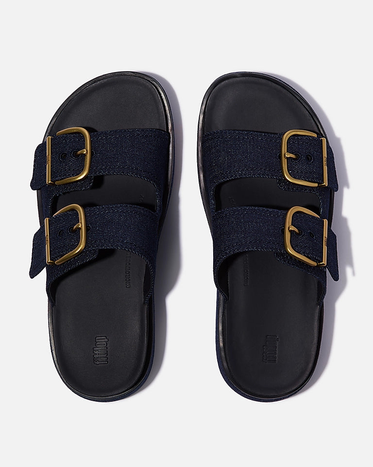 FitFlop Womens GEN-FF Max Buckle Two-Bar Denim Slides - Dark Denim D71 | CHO | Designer Womens Sandals