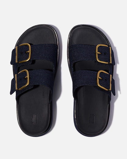 FitFlop Womens GEN-FF Max Buckle Two-Bar Denim Slides - Dark Denim D71 | CHO | Designer Womens Sandals
