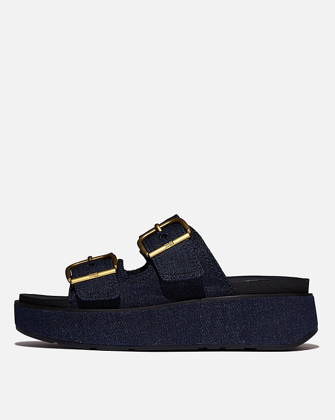 FitFlop Womens GEN-FF Max Buckle Two-Bar Denim Slides - Dark Denim D71 | CHO | Designer Womens Sandals