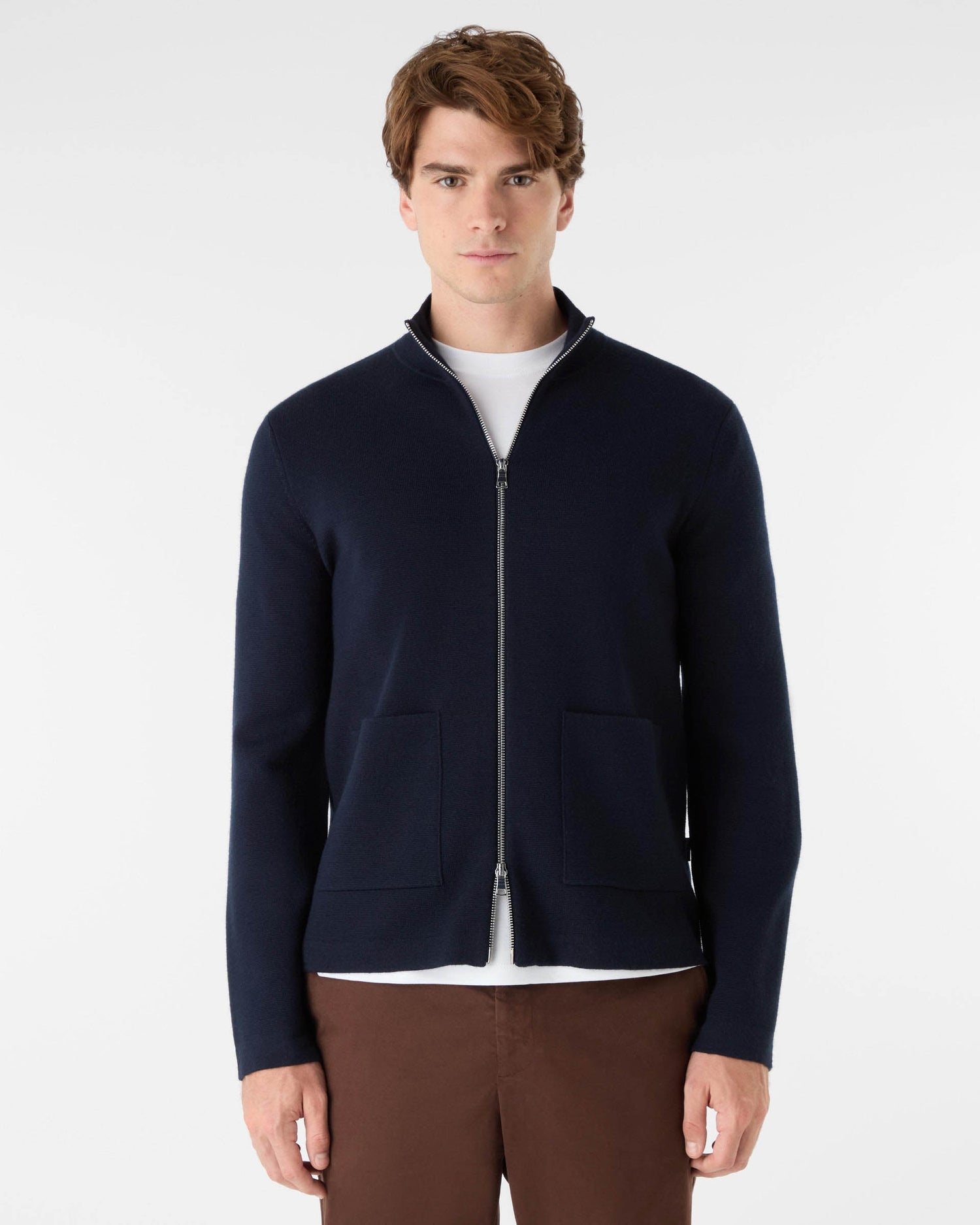 Oliver Sweeney Garstang Mens Merino Wool Blend Zip Through Jumper - Navy - CHO - Designer Mens Full Zip Jumpers